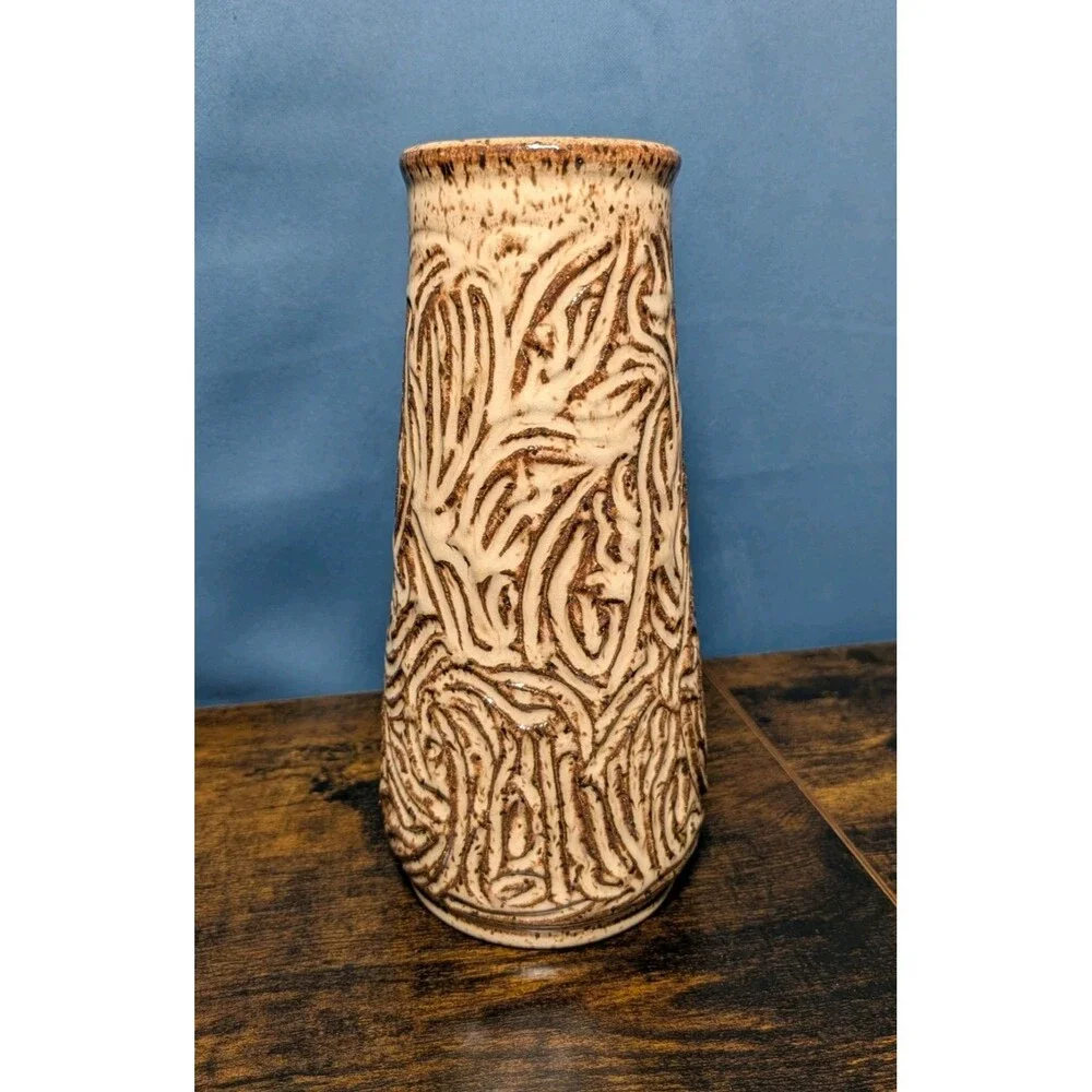 Vase Textured Etched Studio Pottery Stoneware Brown Cream Artist Stamped